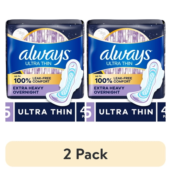 (2 pack) Always Ultra Thin Pads for Women, Extra Heavy Overnight Pad with Wings, Size 5, 46 Count