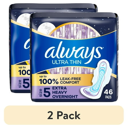 (2 pack) Always Ultra Thin Overnight Pads with Wings, Size 5, Extra Heavy Overnight Absorbency, 46 CT