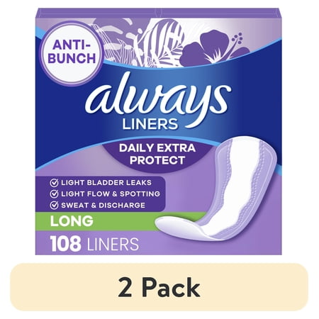 (2 pack) Always Anti-Bunch Xtra Protection Daily Liners, Long, Unscented, 108 CT