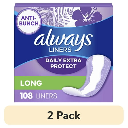 (2 pack) Always Anti-Bunch Xtra Protection Daily Liners, Long, Unscented, 108 CT