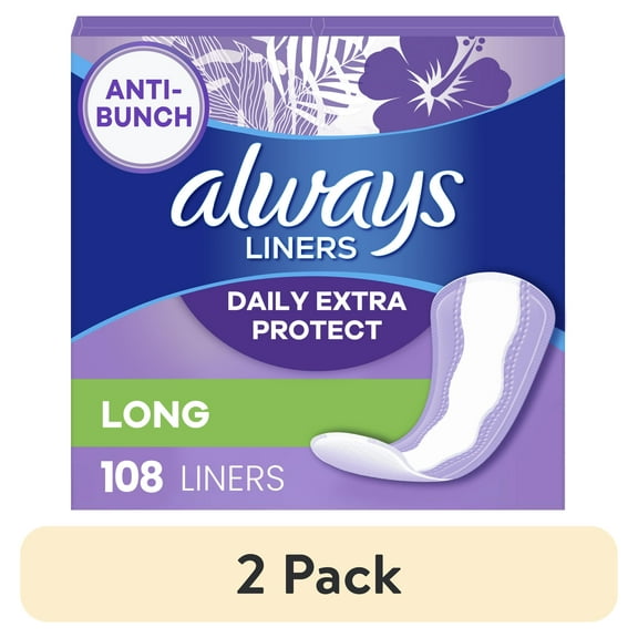(2 pack) Always Anti-Bunch Xtra Protection Daily Liners, Long, Unscented, 108 CT