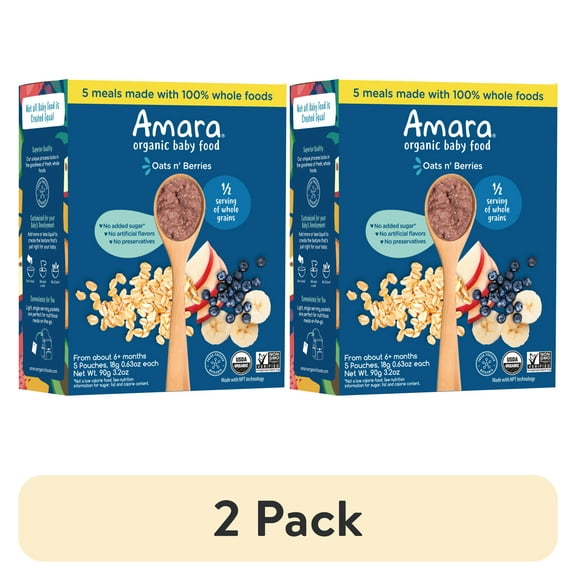 (2 pack) Amara Organic Baby Food Oats N Berries, No Added Sugar, Stage 2, 5 Individual Servings