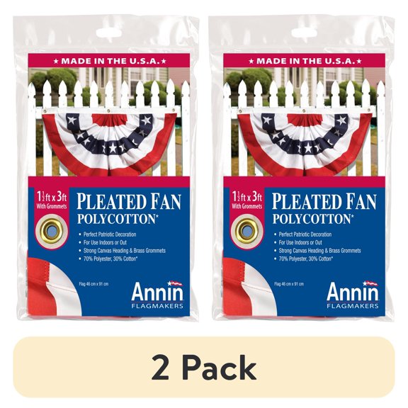 (2 pack) American Poly Cotton Patriotic Pleated Fan by Annin, 18" x 36"