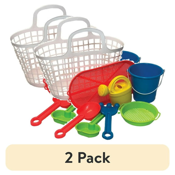 (2 pack) Amloid 6 Piece Sand Toy Set with Stackable Tote, Sieve, 2 Molds, Pail, Shovel for Ages 2+