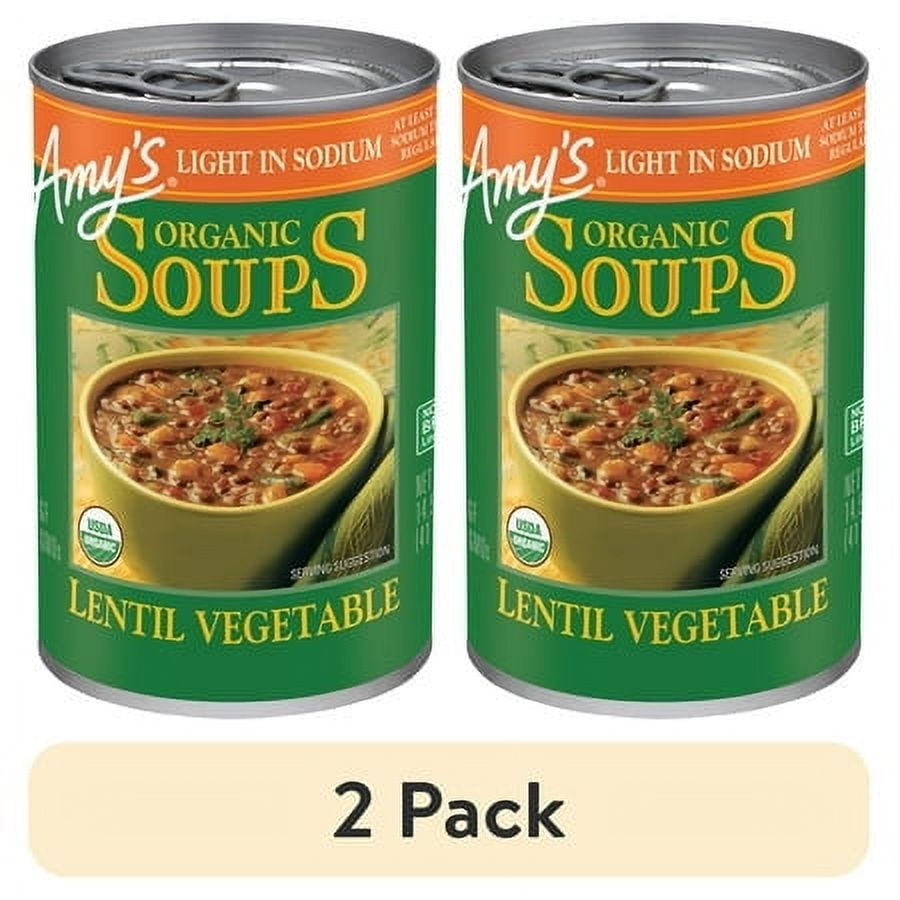(2 pack) Amys Soup, Organic Light in Sodium Lentil Vegetable Soup, Made With Organic Vegetables, Canned Soup, 14.5 Oz