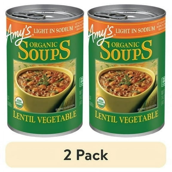 (2 pack) Amys Soup, Organic Light in Sodium Lentil Vegetable Soup, Made With Organic Vegetables, Canned Soup, 14.5 Oz