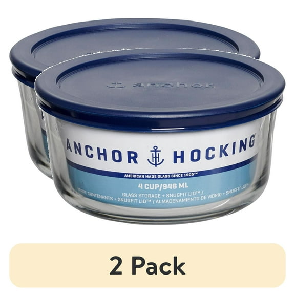 (2 pack) Anchor Hocking Glass Food Storage Container with Lid, 4 Cup Round