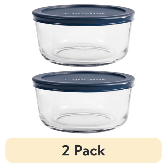 (2 pack) Anchor Hocking Glass Food Storage Container with Lid, 4 Cup Round