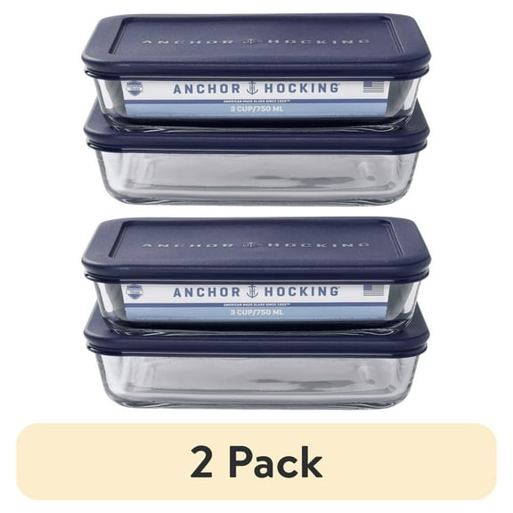 (2 pack) Anchor Hocking Glass Food Storage Containers with Lids, 3 Cup Rectangular, Set of 2