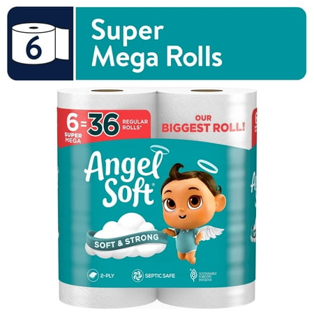 (2 pack) Angel Soft 2-Ply Toilet Paper, 6 Super Mega Rolls