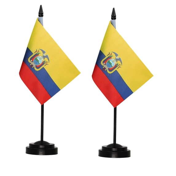 (2 pack) Anley Ecuador Deluxe Desk Flag Set - 6 x 4 Inch Miniature Ecuadorian EC Desktop Flag