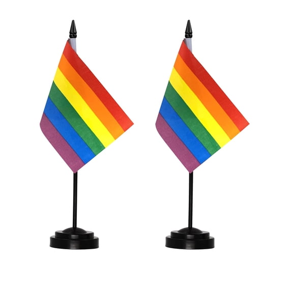 (2 pack) Anley Rainbow Gay Pride Deluxe Desk Flag Set - 6 x 4 Inch Miniature LGBTQ Desktop Flag with 12" Solid Pole
