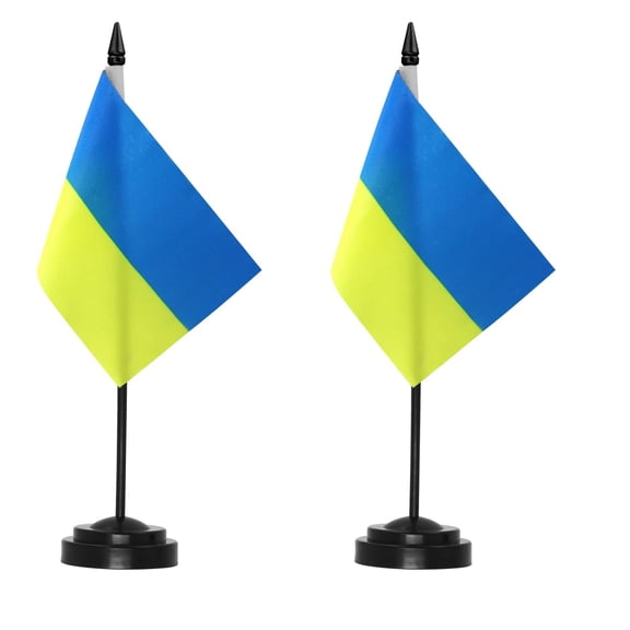 (2 pack) Anley Ukraine Deluxe Desk Flag Set - 6 x 4 Inch Miniature Ukrainian UKR UA Desktop Flag