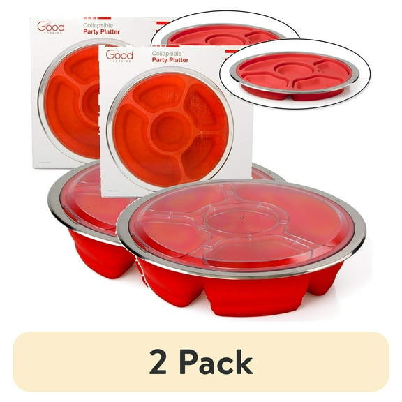 (2 pack) Appetizer Serving Fruit/Veggie Tray and Collapsible Party Platter with Lid - Easy to Clean, Portable, BPA Free, and Dishwasher Safe