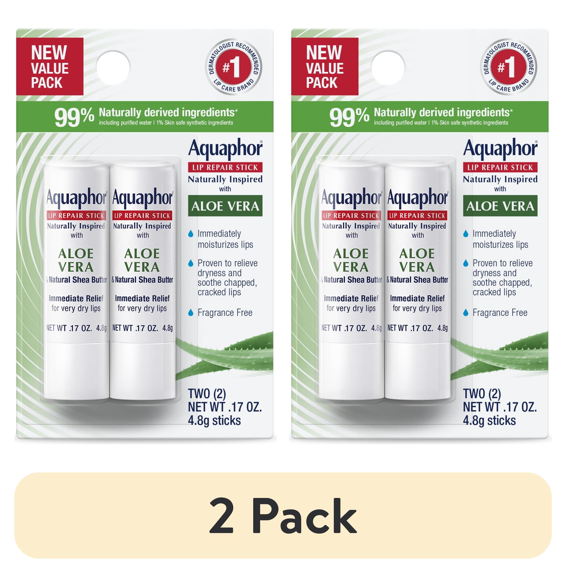 (2 pack) Aquaphor Naturally Inspired Lip Repair Balm Stick for Very Dry Lips with Aloe Vera, 0.17 oz, 2 Pack