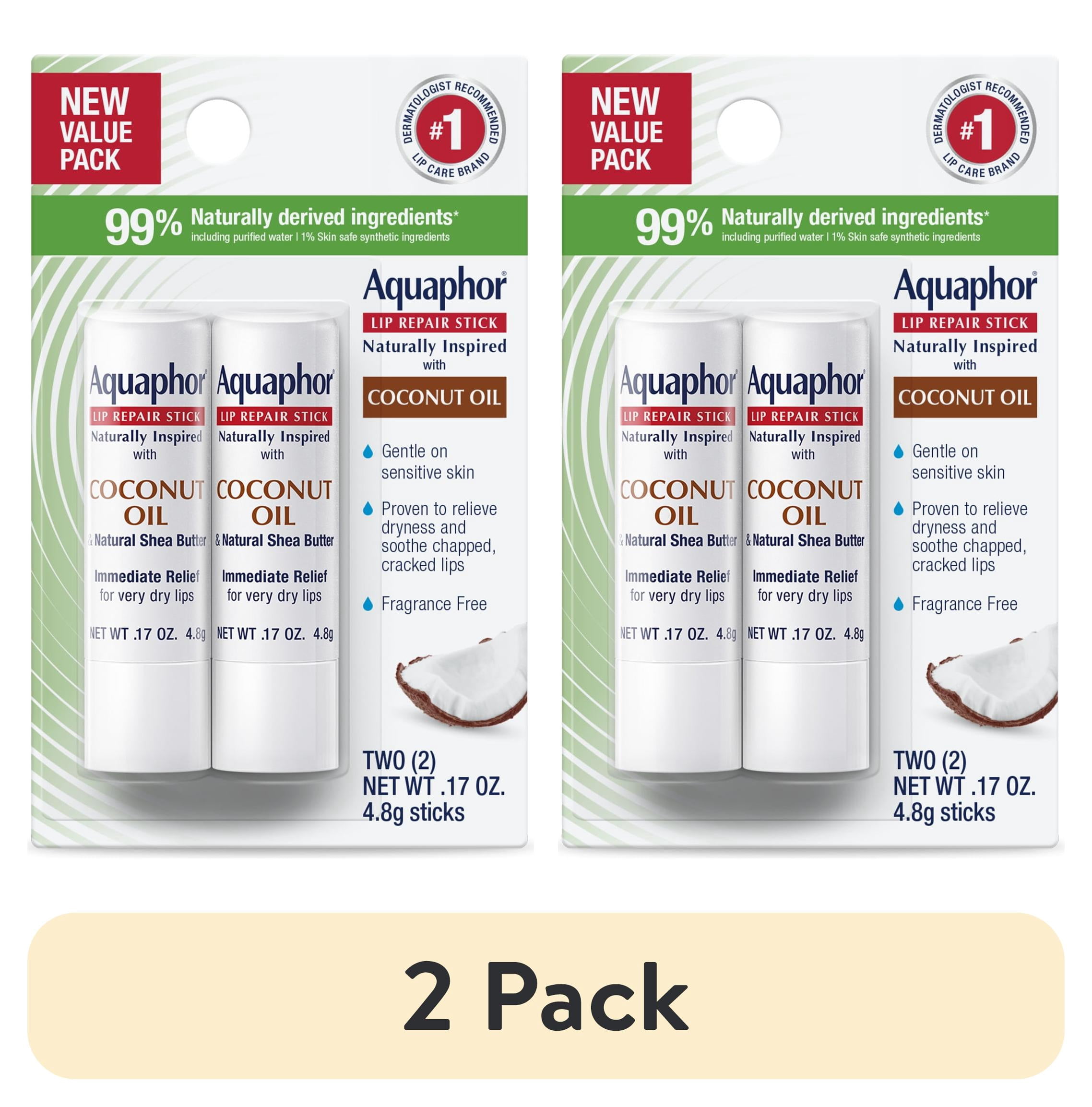 (2 pack) Aquaphor Naturally Inspired Lip Repair Balm Stick for Very Dry Lips with Coconut Oil, 0.17 oz, 2 Pack