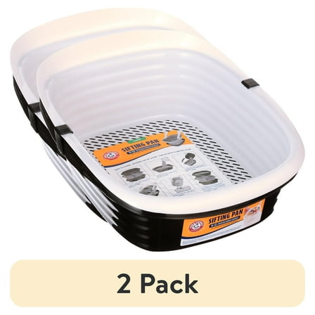 (2 pack) Arm & Hammer Sifting Cat Litter Box, 2 Open Top Plastic Cat Litter Pans and Cat Litter Tray, Large, Black and White