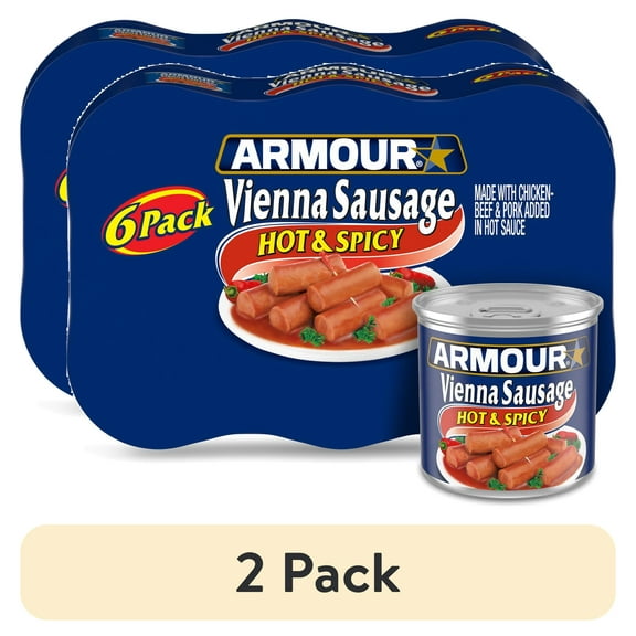 (2 pack) Armour Star Vienna Sausage, Hot & Spicy Flavored, 12g Protein Per Serving, Canned Sausage, 4.6 oz Can (Pack of 6)