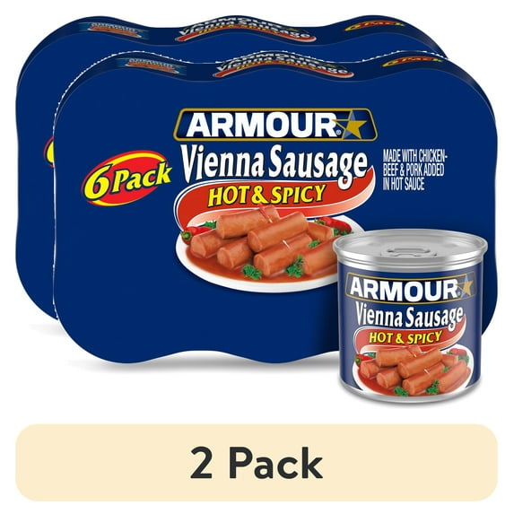(2 pack) Armour Star Vienna Sausage, Hot & Spicy Flavored, 12g Protein Per Serving, Canned Sausage, 4.6 oz Can (Pack of 6)
