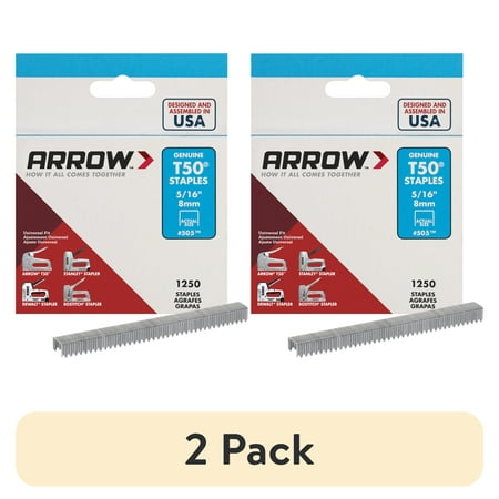 (2 pack) Arrow 505 Heavy Duty T50 Staples 5/16 Inch Leg Length, 3/8 Inch Crown, 1250 Pack for Home Repairs