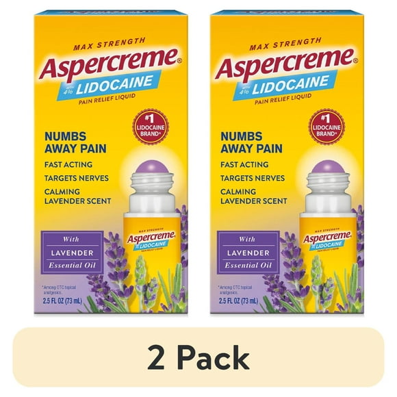 (2 pack) Aspercreme Max Strength Topical Numbing Pain Reliever Roll-on Liquid, 4% Lidocaine, Lavender, 2.5 fl oz