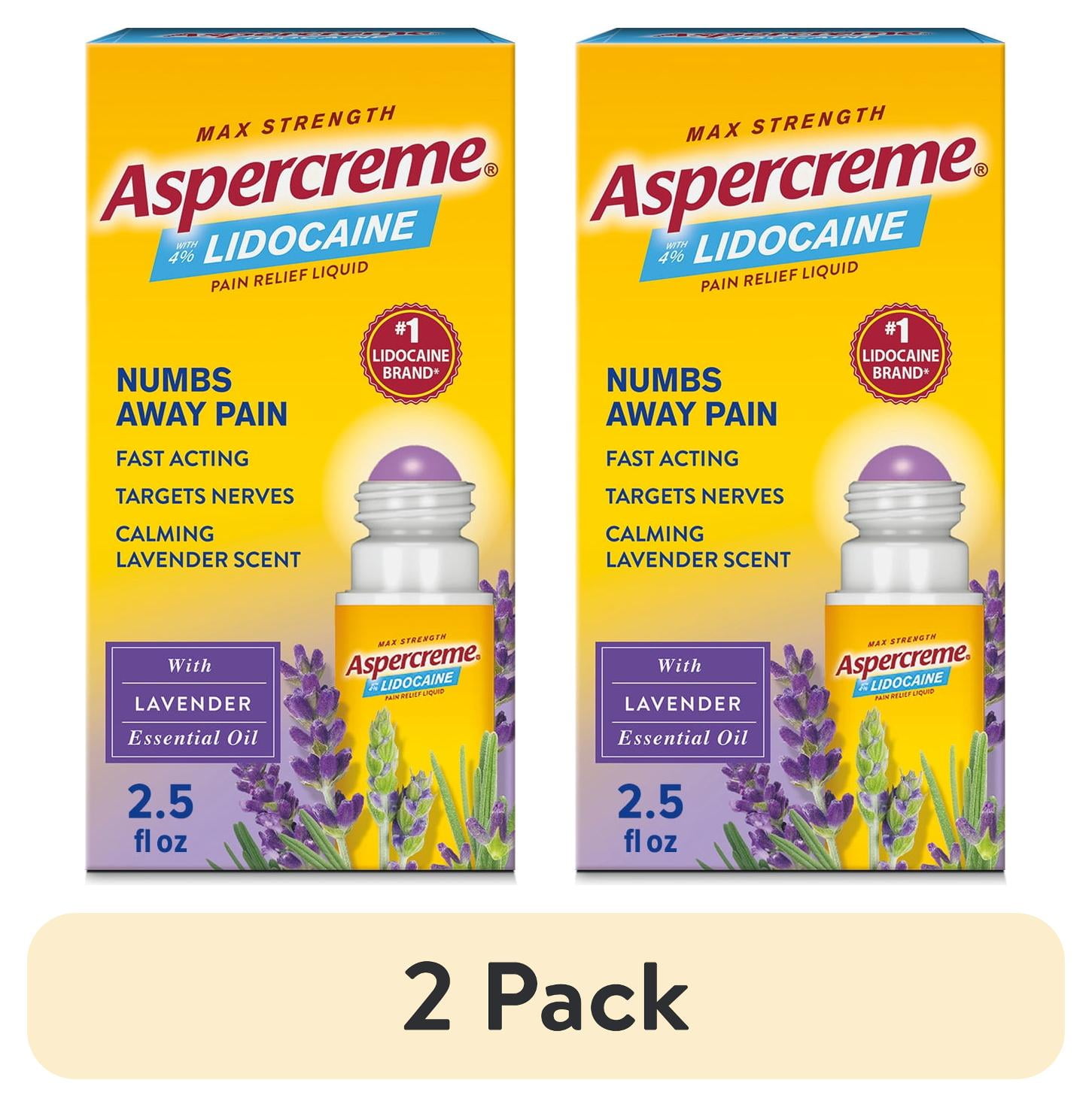 (2 pack) Aspercreme Max Strength Topical Numbing Pain Reliever Roll-on Liquid, 4% Lidocaine, Lavender, 2.5 fl oz