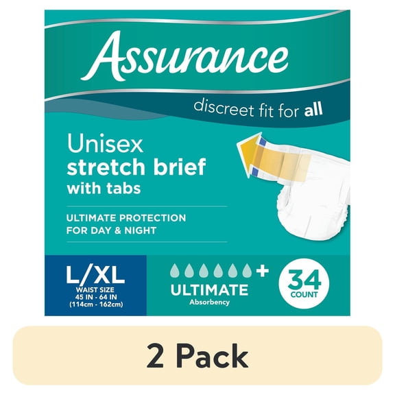 (2 pack) Assurance Unisex Stretch Briefs with Tabs, L/XL, 34 Count
