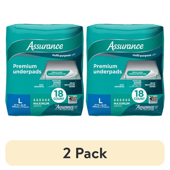 (2 pack) Assurance Unisex Premium Underpad for Adults, L , Maximum Absorbency (18 Count)