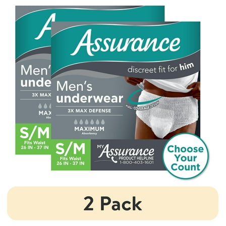 (2 pack) Assurance Men's Incontinence Underwear, S/M , Maximum Absorbency (36 Count)