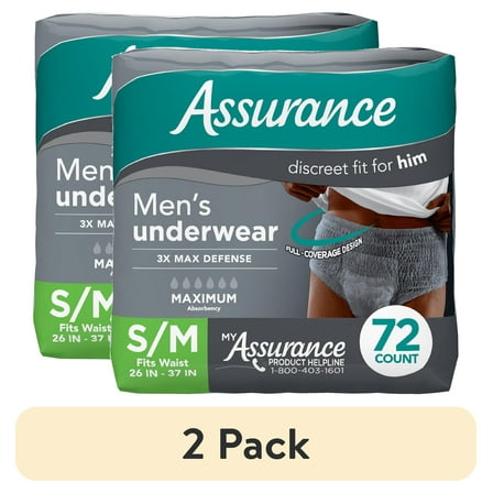 (2 pack) Assurance Men's Incontinence Underwear, Small / Medium, Maximum Absorbency, 72 Count