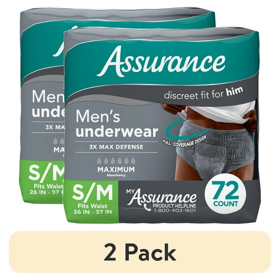 (2 pack) Assurance Men's Incontinence Underwear, Small / Medium, Maximum Absorbency, 72 Count