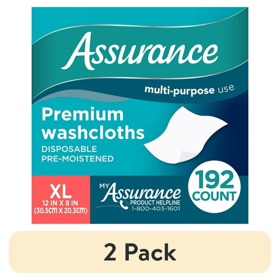 (2 pack) Assurance Premium XL Washcloths for Adults, Disposable & Pre-Moistened (192 Count)