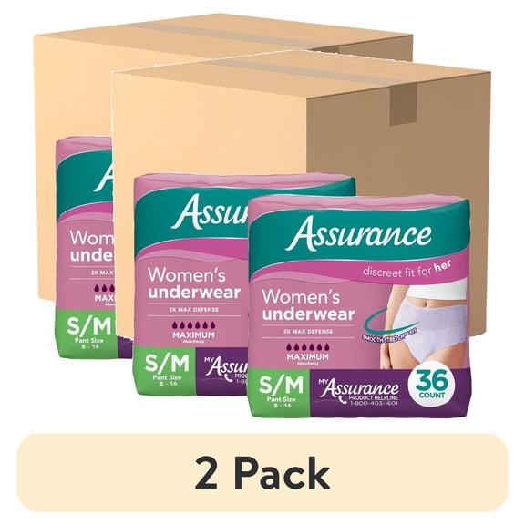(2 pack) Assurance Women's Incontinence & Postpartum Underwear, S/M , Maximum Absorbency (72 Count)