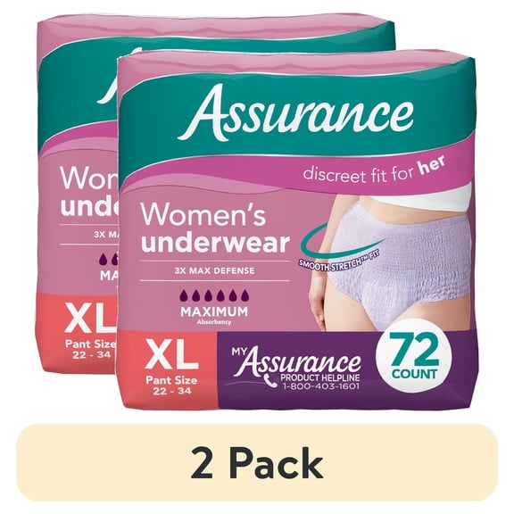 (2 pack) Assurance Women's Incontinence & Postpartum Underwear, X-Large , Maximum Absorbency, 72 Count