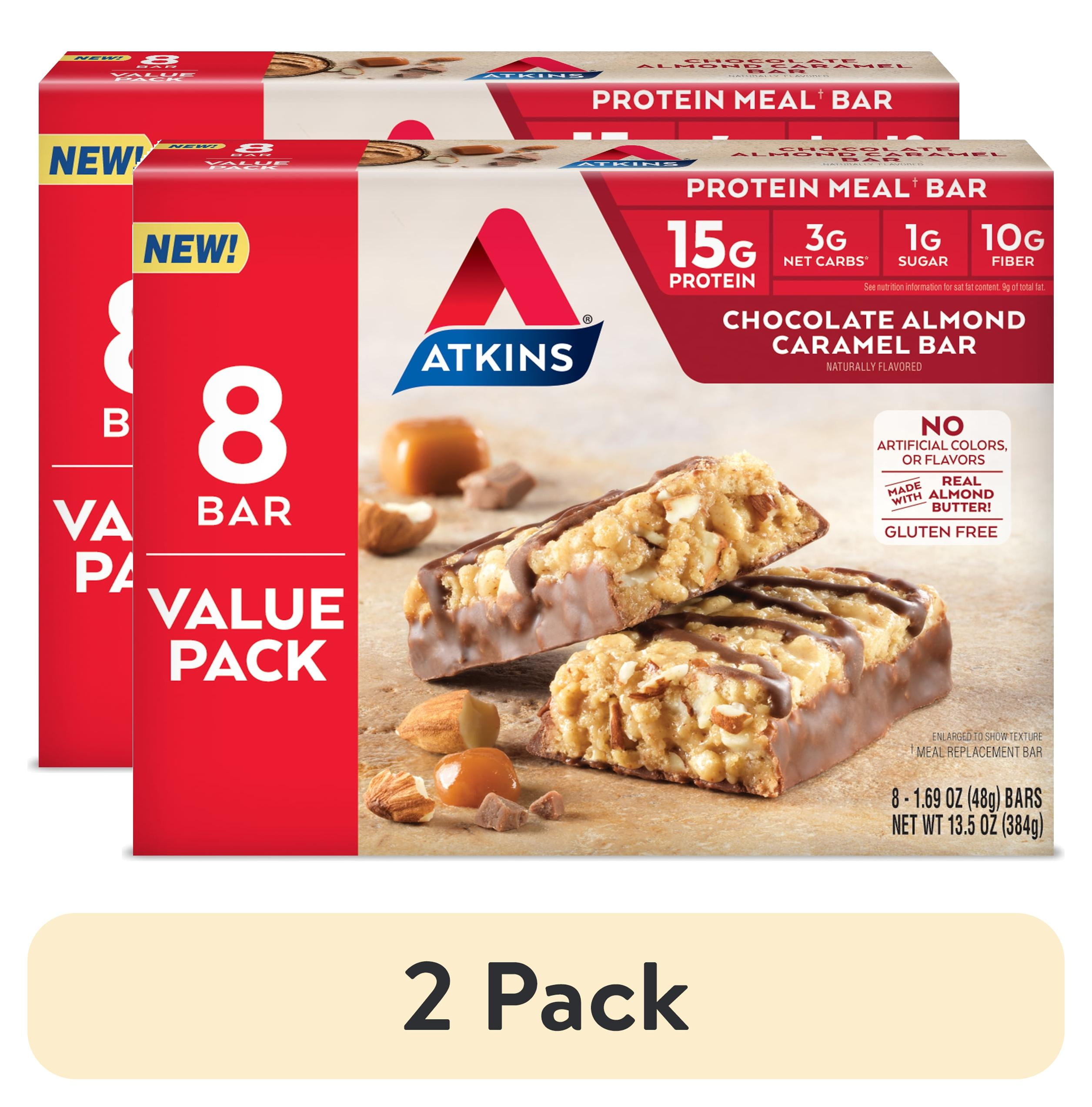 (2 pack) Atkins Chocolate Almond Caramel Bar, 1.69oz, 8-pack (Meal Bar)