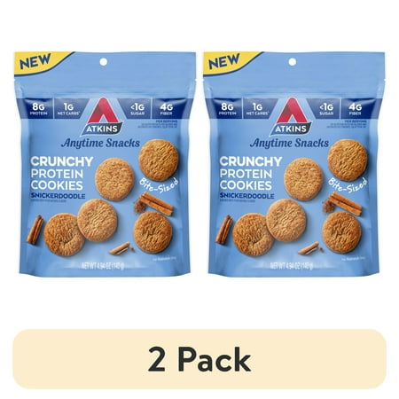 (2 pack) Atkins Crunchy Protein Cookies, Bite-Sized, Snickerdoodle, 4.94 oz Resealable Bag