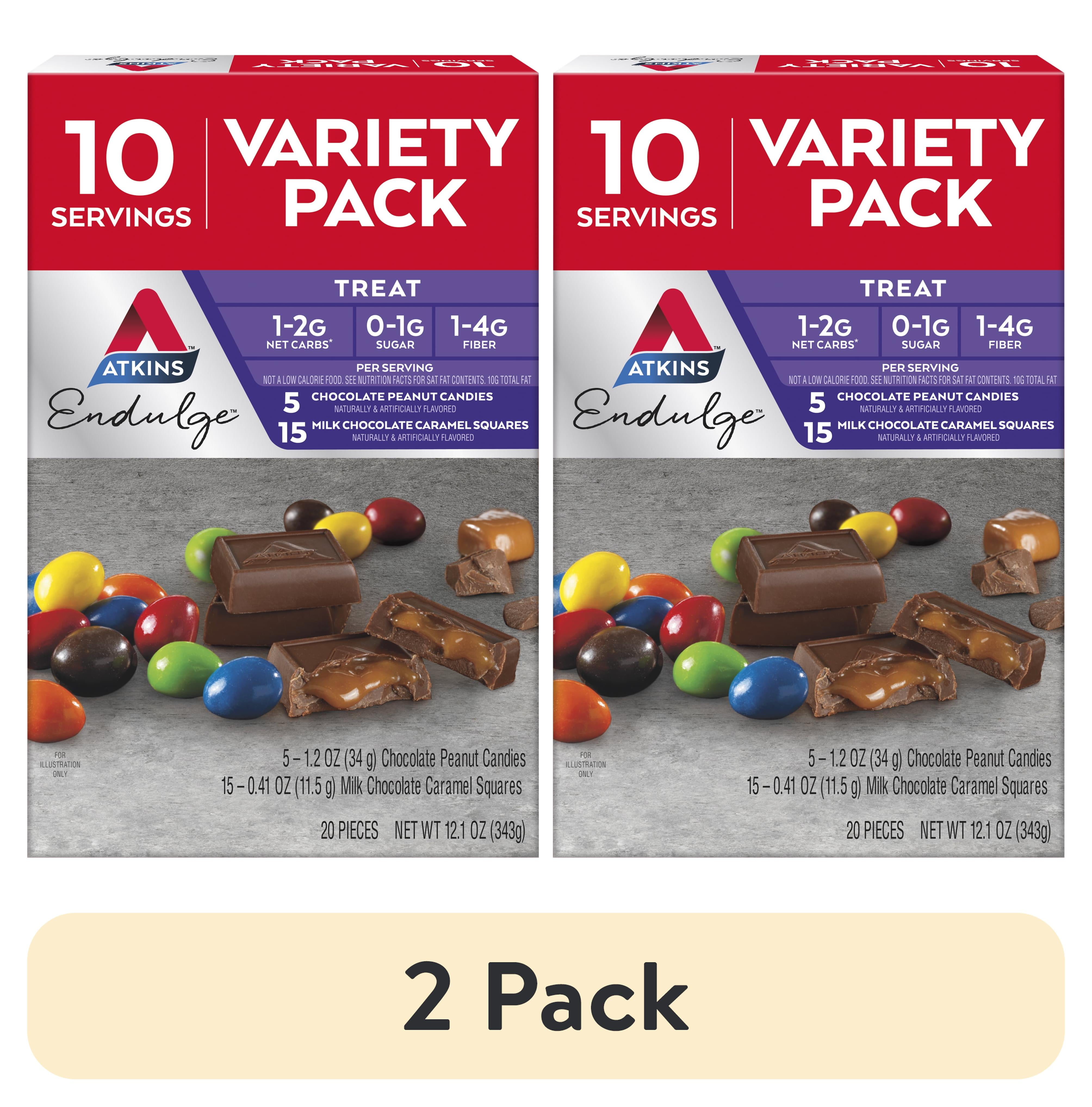 (2 pack) Atkins Endulge Assorted Variety Pk, Peanut Candies & Milk Chocolate Caramel Squares, 20 Ct