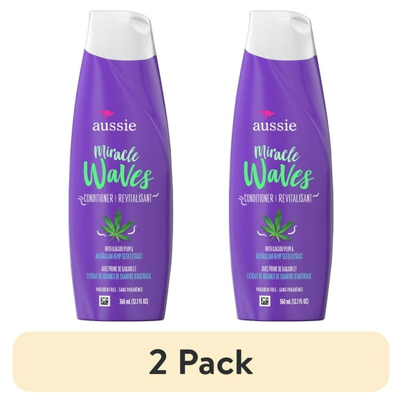 (2 pack) Aussie Miracle Waves Anti-Frizz Hemp Paraben-Free Conditioner, 12.1 fl oz