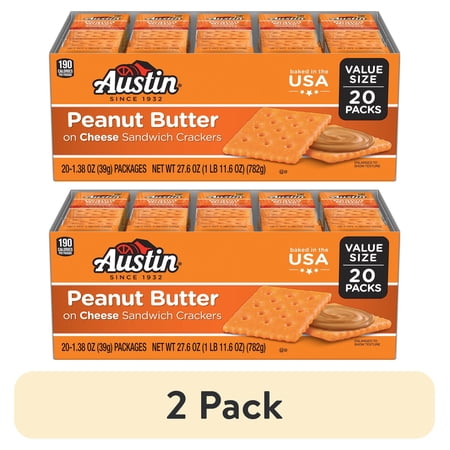 (2 pack) Austin Peanut Butter on Cheese Sandwich Crackers, Single Serve Snack Crackers, 20 Count