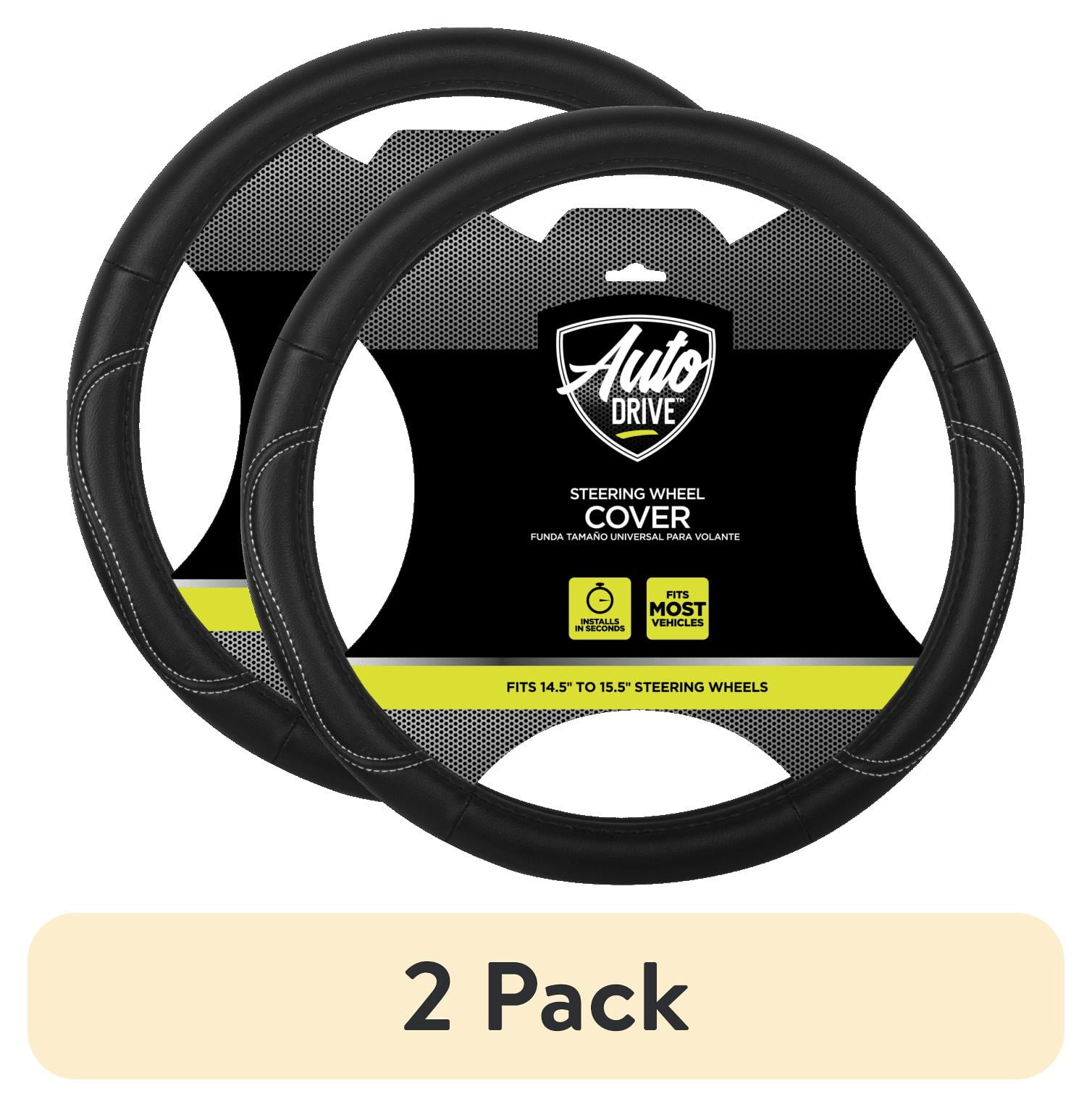 (2 pack) Auto Drive 1Piece Car Steering Wheel Cover Country Leather Black/White - Universal Fit, AD061711B