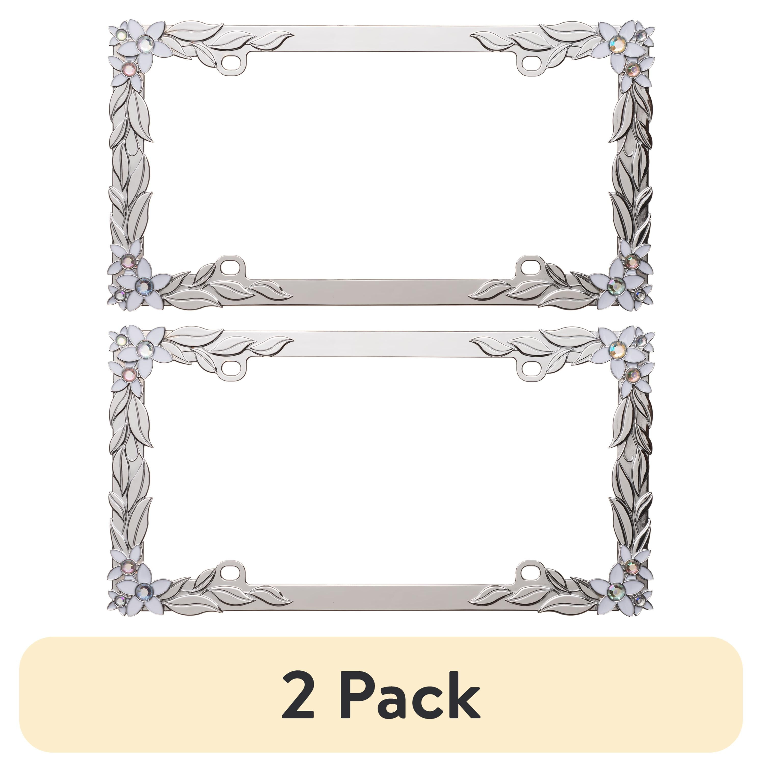 2 pack) Auto Drive 3-D Daisy Bling Silver Metal License Plate