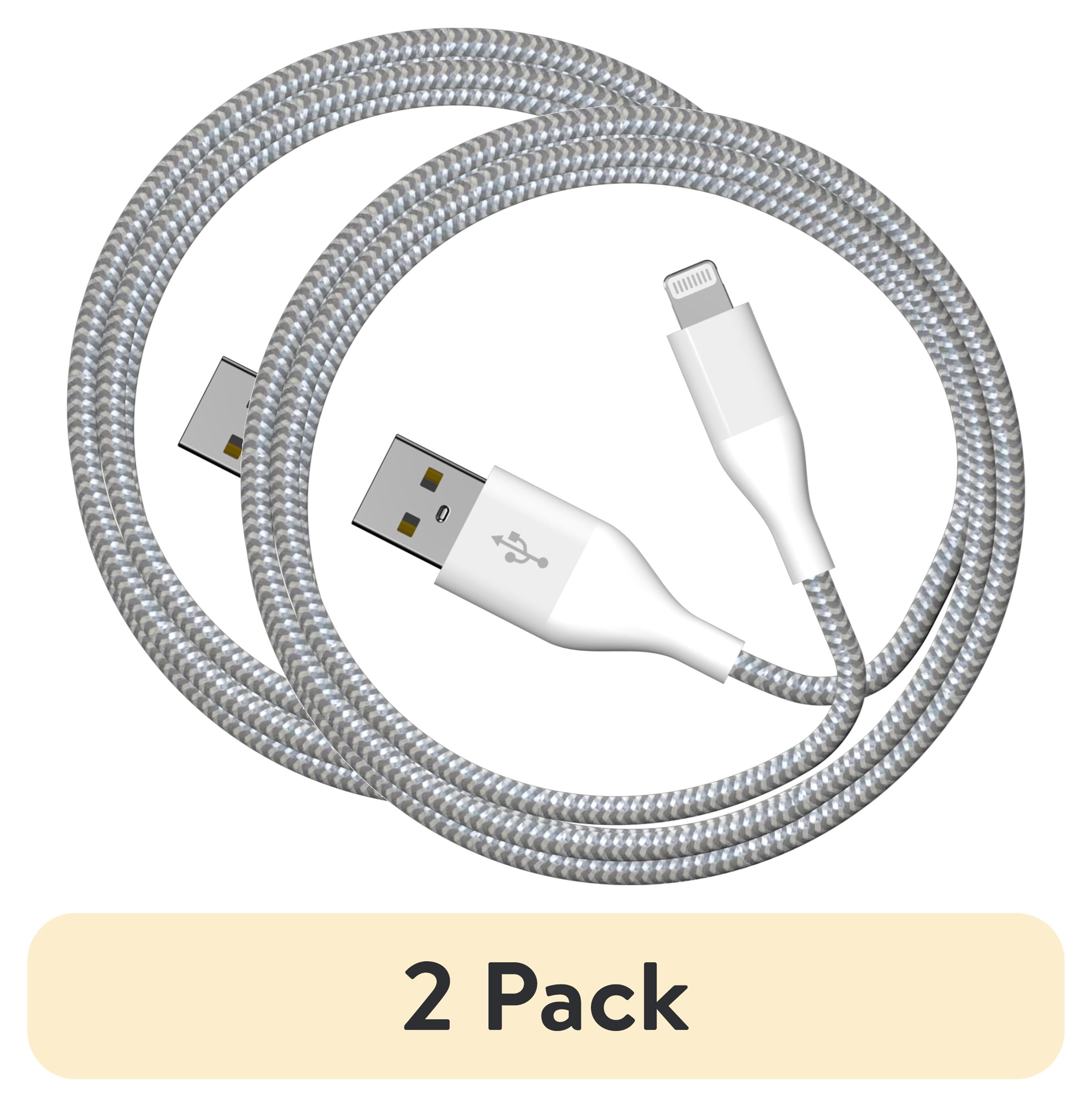 (2 pack) Auto Drive 6ft Lightning to USB-a Charging and Data Cable, Mfi Certificated, Braided, White
