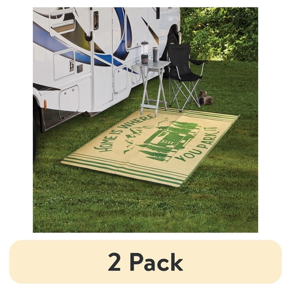 (2 pack) Auto Drive Ad Home Is Where 6'x9' Patio Mat, Good for RV and Garden Patios, Polypropylene, Beige