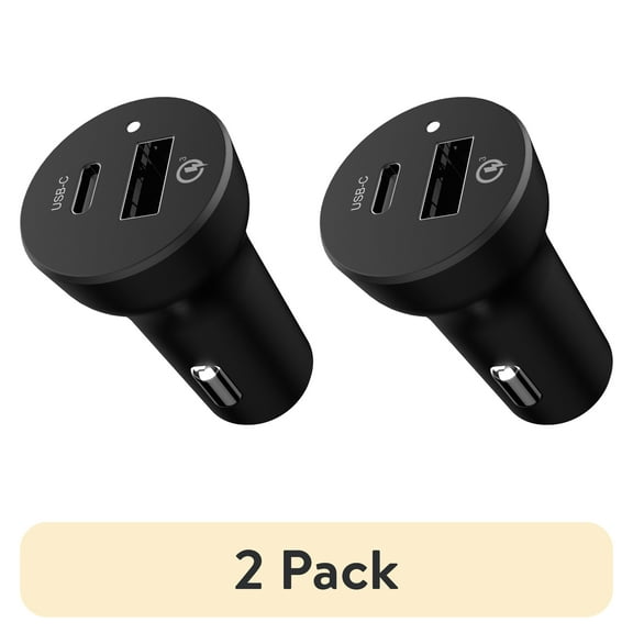 (2 pack) Auto Drive Quick Charge 3.0 USB Black Car Charger, 18W USB-A and 18W Type C Charging Ports