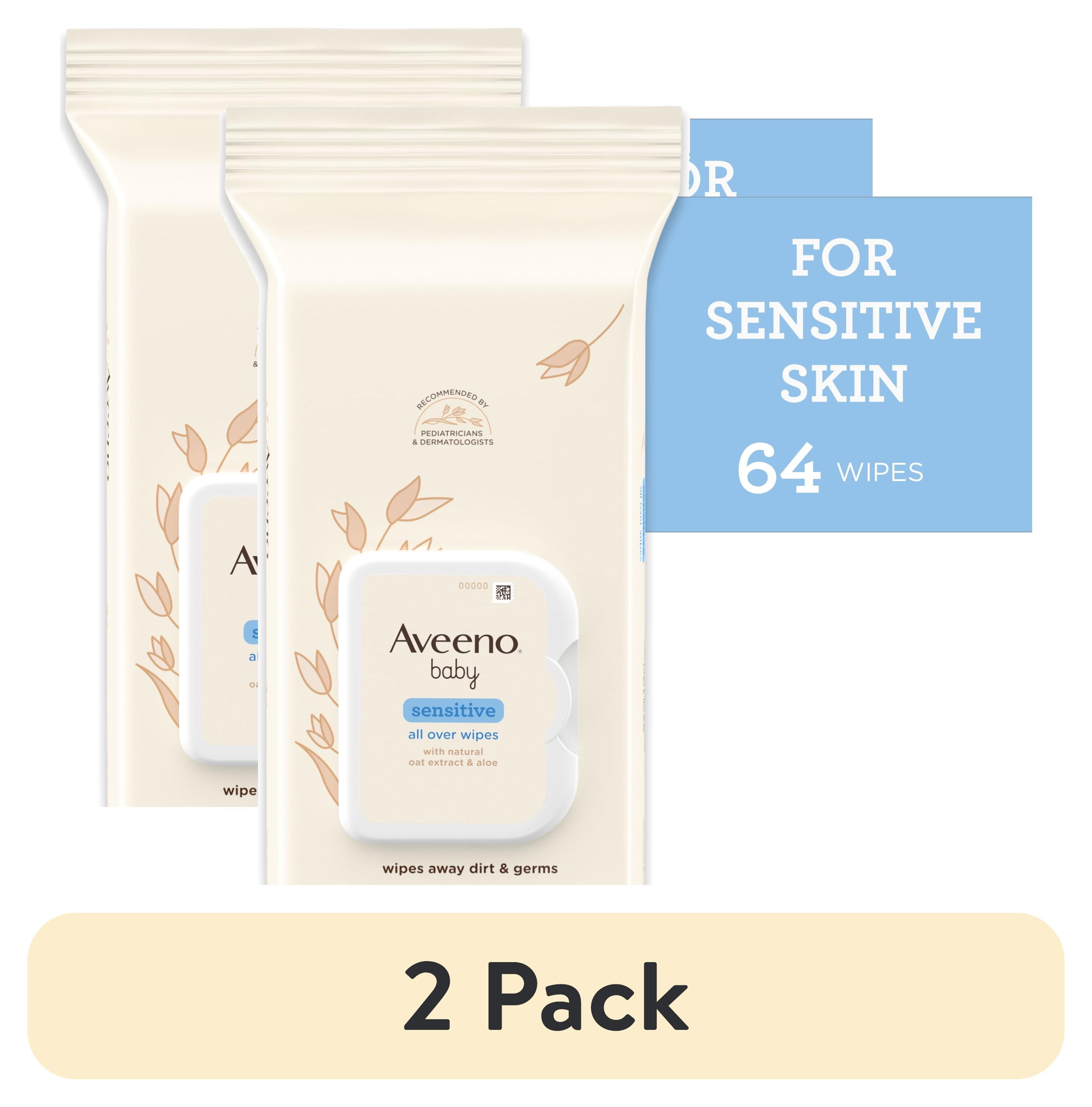 (2 pack) Aveeno Baby All Over Baby Wipes For Sensitive Skin with Oat and Aloe, Alcohol Free & Unscented, 64 Ct