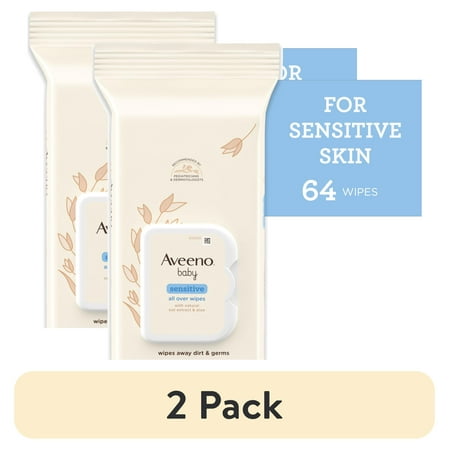 (2 pack) Aveeno Baby All Over Baby Wipes For Sensitive Skin with Oat and Aloe, Alcohol Free & Unscented, 64 Ct