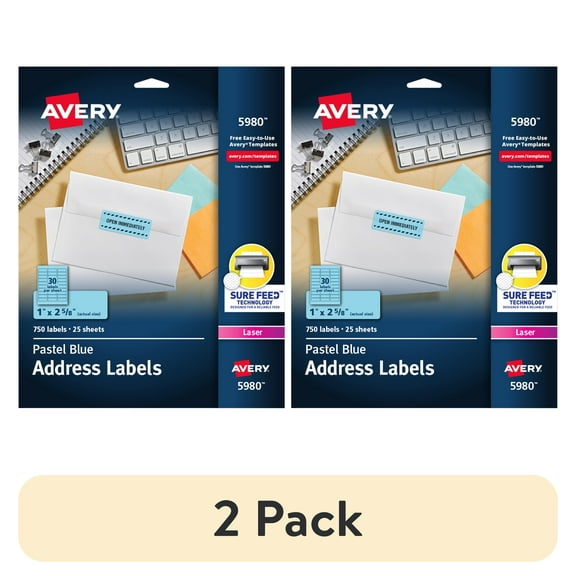 (2 pack) Avery 1" x 2 5/8" Neon Address Labels, Sure Feed, 750 Labels (5972)
