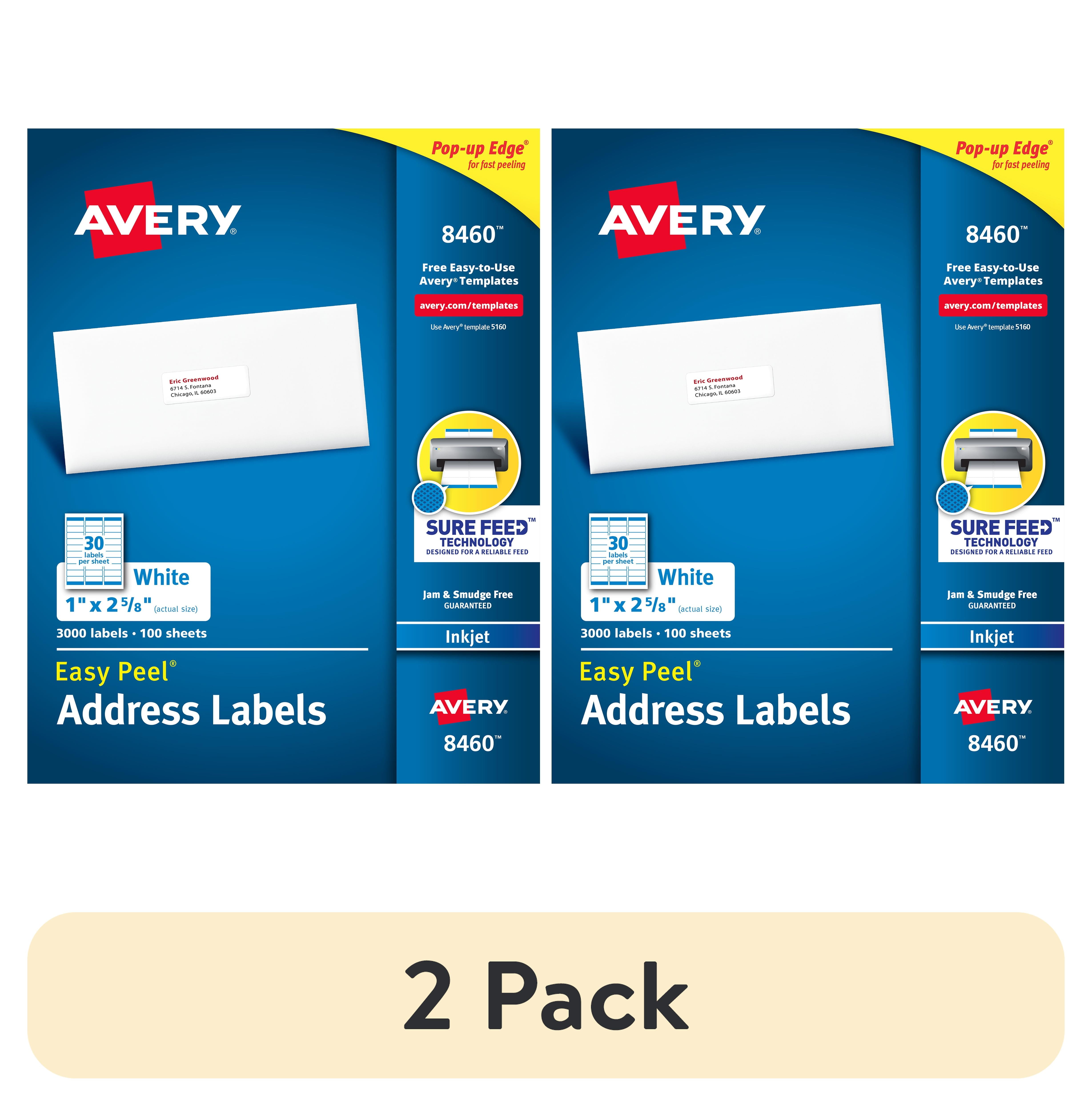 (2 pack) Avery Address Labels, 1" x 2-5/8", Paper, Matte White, Inkjet, Sure Feed, 3000 Labels (8460)