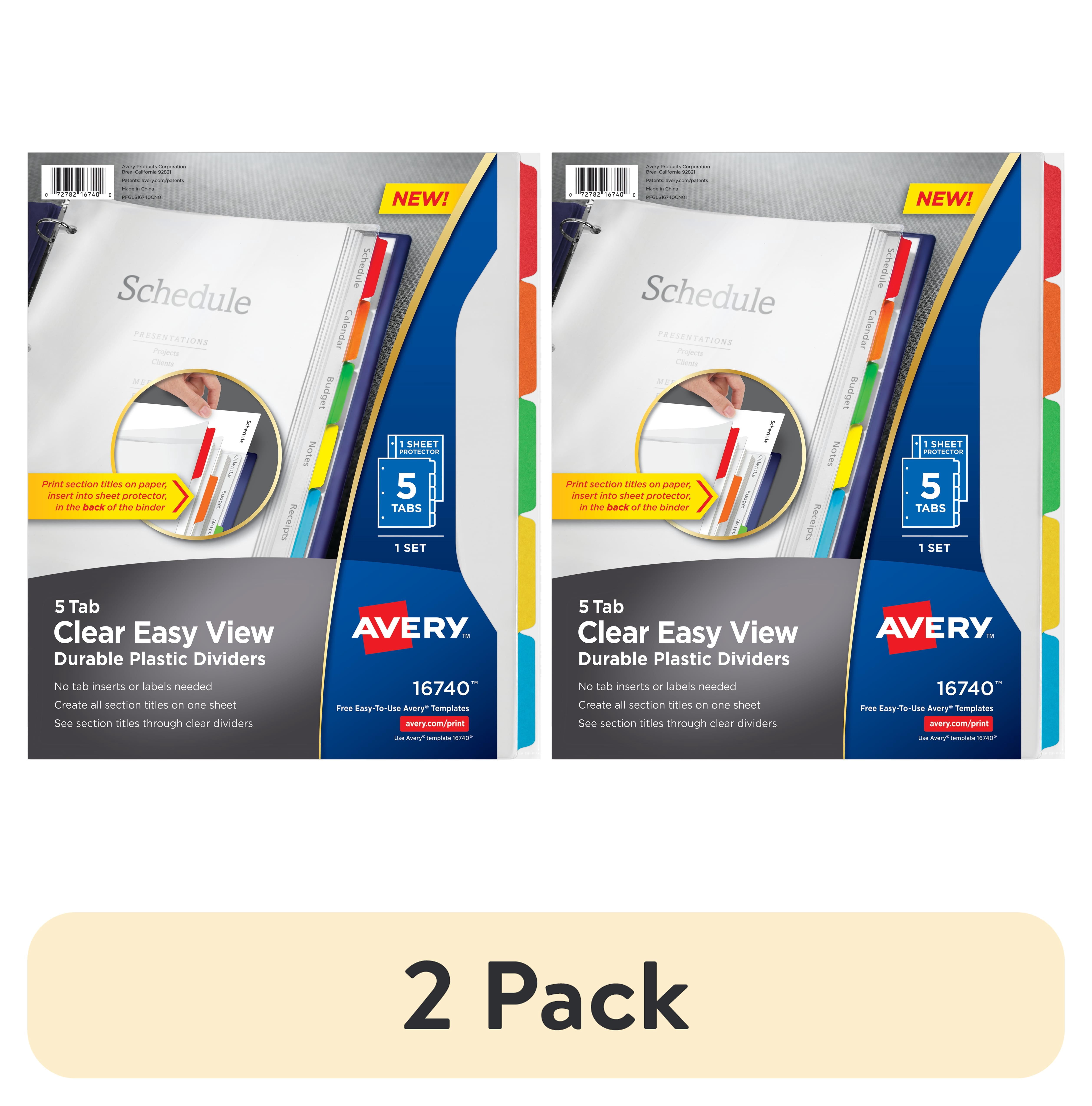 (2 pack) Avery Clear Easy View Divider, 5-Tab, Plastic, Clear Body, Multicolor Tabs, 1 Set
