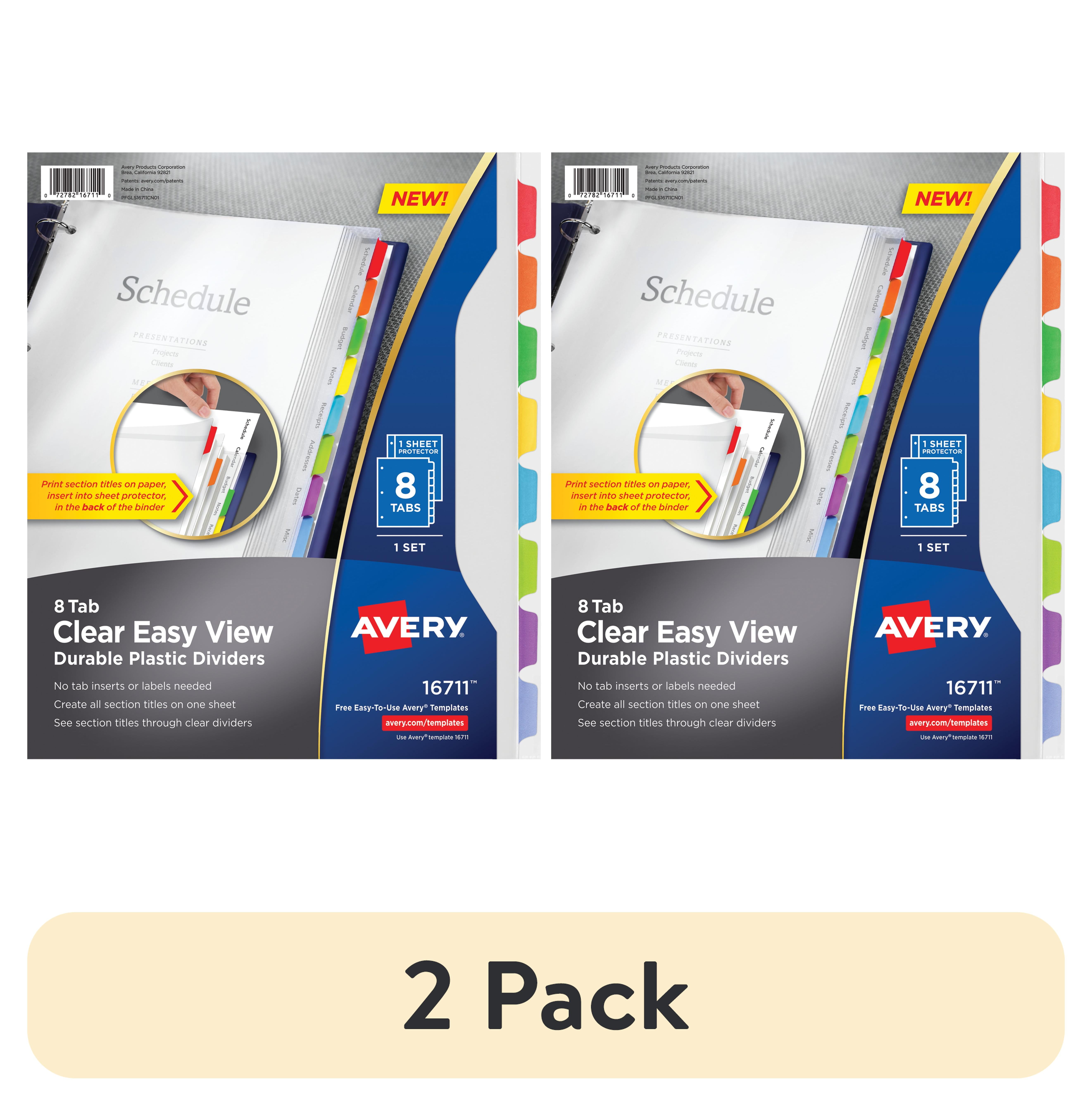 (2 pack) Avery Clear Easy View Divider, 8-Tab, Plastic, Clear Body, Multicolor Tabs, 1 Set